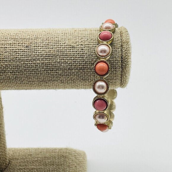 Beaded Bangle Bracelet Pink Cabochon Gold Tone Pearlescent Peach - Picture 5 of 6